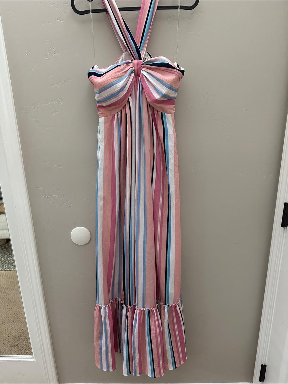 Listicle Pastel Striped Halter Dress with Navy Accent